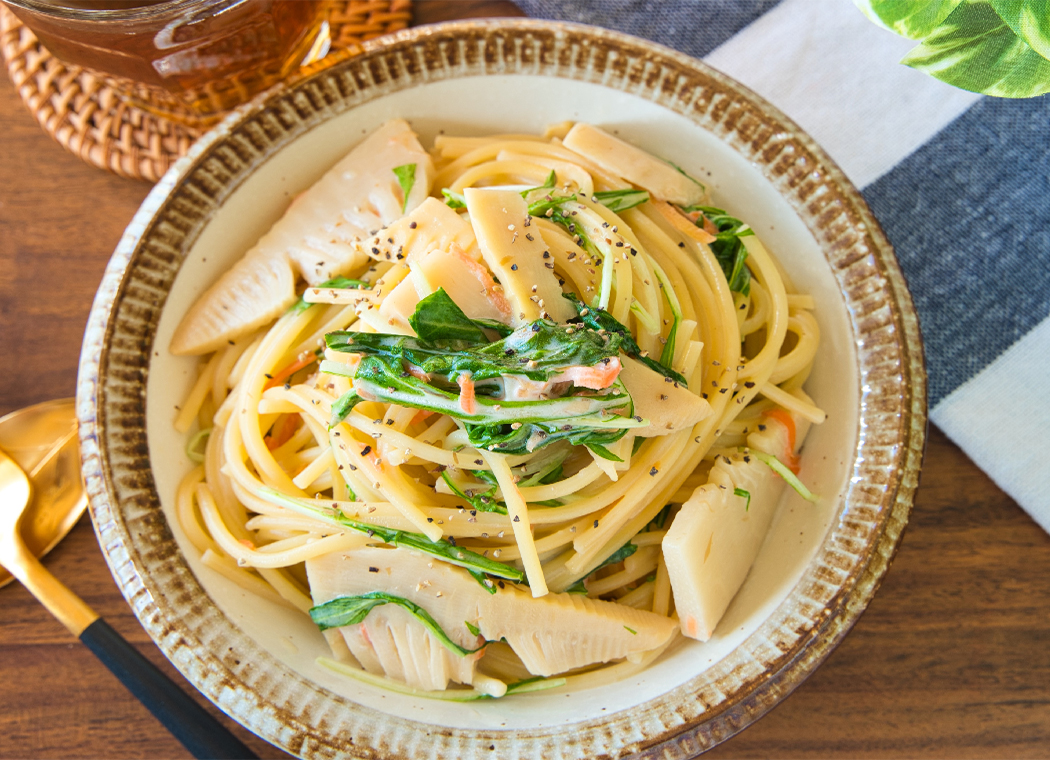 レンジで簡単！たけのこサラダと水菜のパスタ